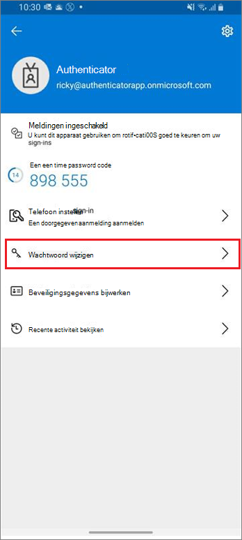 Startpagina werk- of schoolaccount, met gemarkeerde koppeling Wachtwoord wijzigen