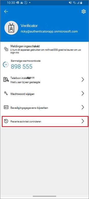 Startpagina werk- of schoolaccount, met gemarkeerde koppeling voor recente aanmeldingsactiviteiten