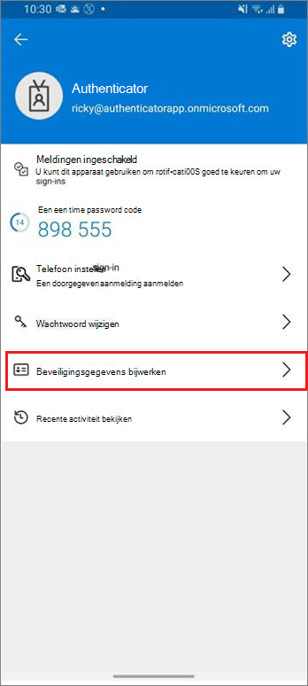 Startpagina van werk- of schoolaccount, met gemarkeerde koppeling Beveiligingsgegevens bijwerken