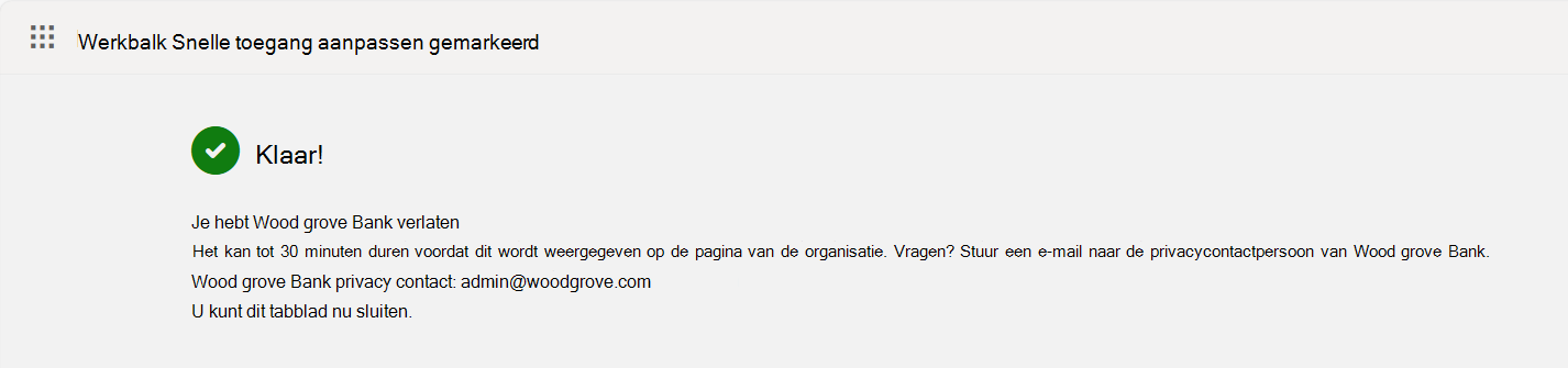 Schermopname van het bevestigingsscherm Organisatie links.