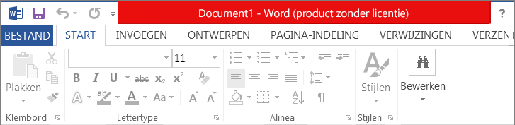 Toont Product zonder licentie in de rode titelbalk, de uitgeschakelde interface en de berichtbanner
