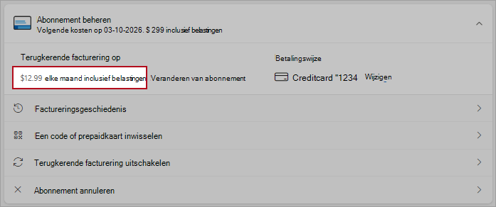 Schermopname met details van de optie voor het wisselen van abonnement in terugkerende factureringsopties.