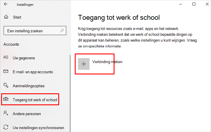 Toegang tot werk- of schoolscherm met de optie Verbinding maken gemarkeerd