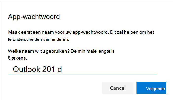 Schermopname van de pagina App-wachtwoord, met de naam van de app ingevoerd