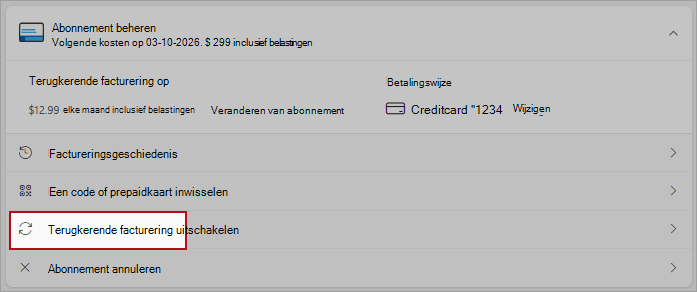 Schermopname van de locatie van de knop om terugkerende facturering uit te schakelen.