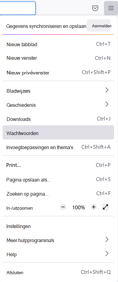Het hoofdmenu in Firefox met de optie Wachtwoorden geselecteerd.