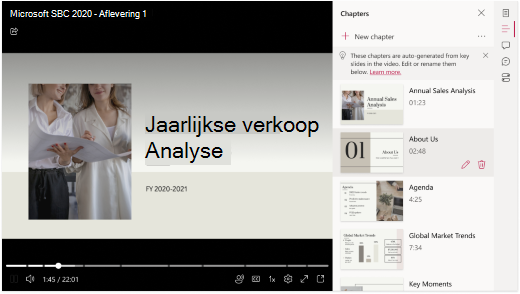 Er is een video geopend in een browser. Rechts van de video wordt een deelvenster weergegeven met een lijst met hoofdstukken die automatisch zijn gegenereerd vanuit een PowerPoint-presentatie.