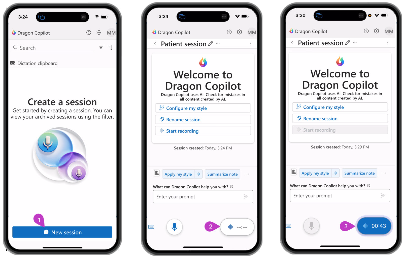 Stappen voor het maken van een nieuwe sessie. Stap 1: selecteer nieuwe sessie. Stap 2: selecteer de knop omgevingsopname. Stap 3: selecteer opnieuw om te stoppen.