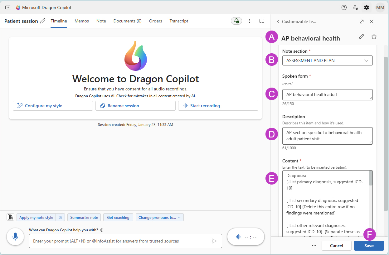 Nieuw scherm voor aangepaste sjablonen met elke sectie gelabeld.