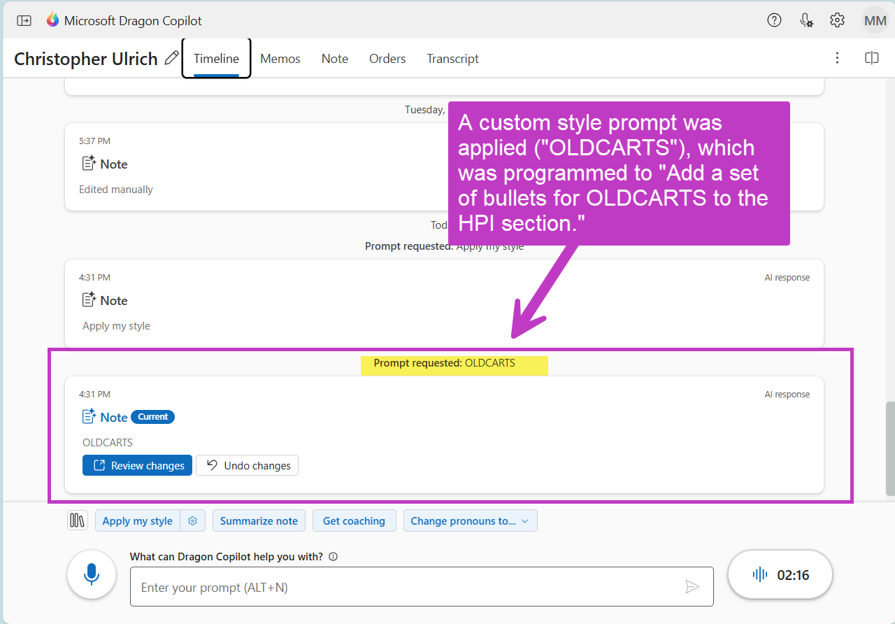 Voorbeeld van een aangepaste stijlprompt die een set opsommingstekens voor OLDCARTS heeft toegevoegd aan de HPI-sectie, weergegeven op de tijdlijn.