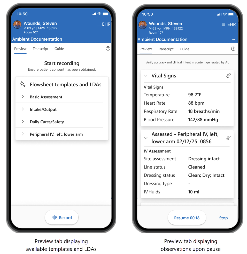 (A) Afbeelding van het tabblad Voorbeeld met beschikbare sjablonen en LDA's. (B) Afbeelding van het tabblad Voorbeeld met observaties en LDA-beoordeling bij pauzeren.