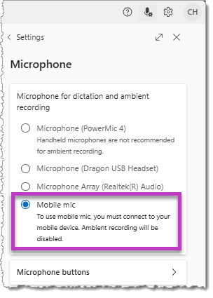 Afbeelding van het scherm met microfooninstellingen, met de Mobiele microfoon geselecteerd.