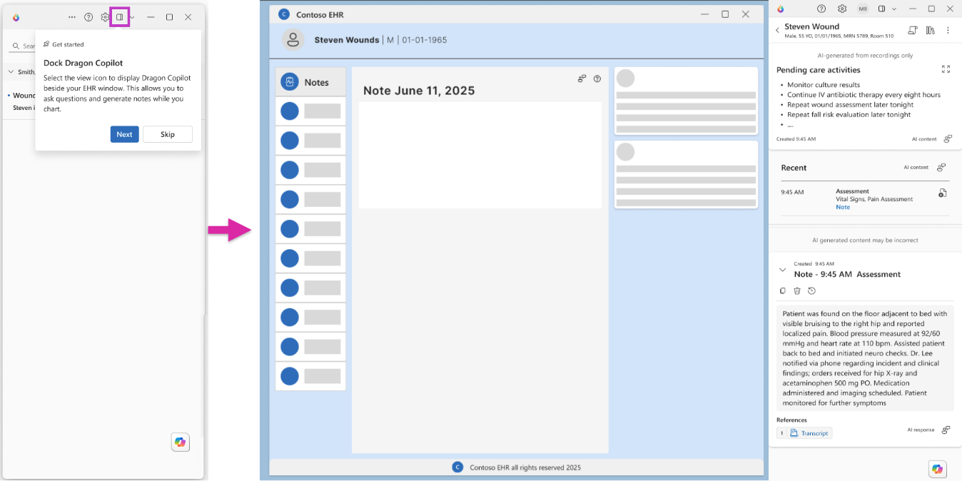 De zelfstandige Dragon Copilot-app aan de linkerkant met het gemarkeerde Dock Dragon Copilot-pictogram. Aan de rechterkant zie je een dummy-EPD met de standalone Dragon Copilot die ernaast is gedokt in een smalle weergave.
