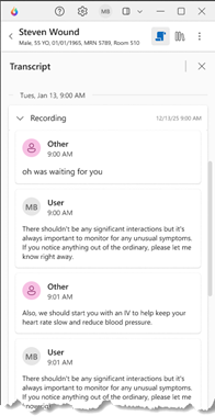 Transcriptie weergeven in de Dragon Copilot-toepassing.