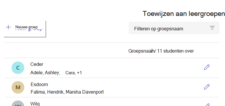 Lijst Leergroepen met benoemde groepen en het aantal leerlingen/studenten in elke groep.