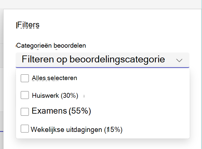 Toont uitgevouwen beoordelingscategorieën in lijst met toewijzingen