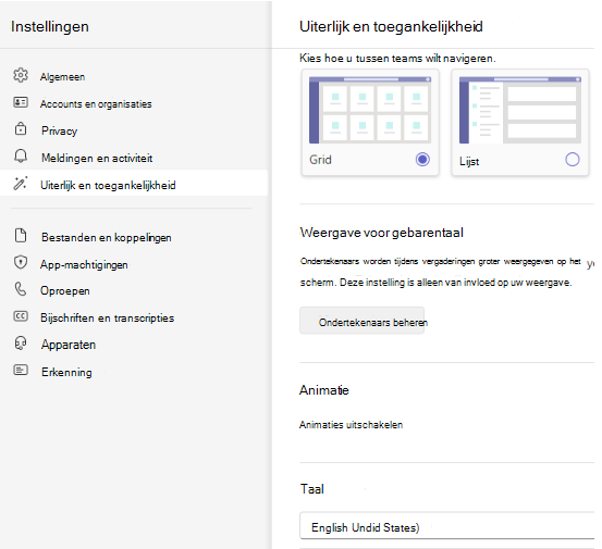 Schermopname van de taalselectie.