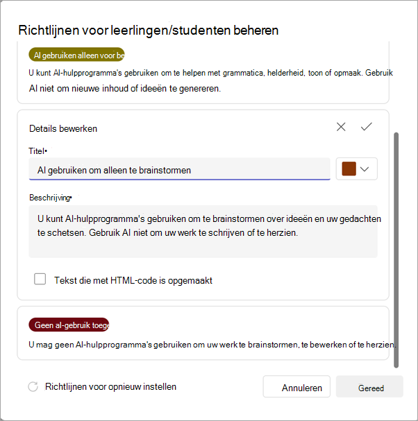 Schermopname van opties voor het beheren van AI-richtlijnen.