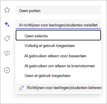Schermopname van opties voor het instellen van AI-richtlijnen voor studenten.