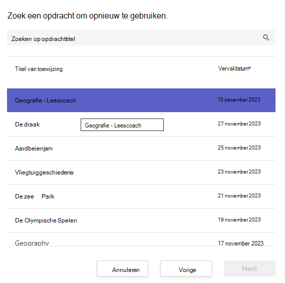 Schermopname van het vinden van een toewijzing om opnieuw te gebruiken.