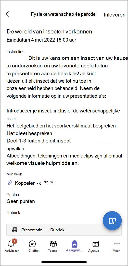 Schermopname van wat leerlingen/studenten zien wanneer ze een opdracht indienen in mobiele Teams.