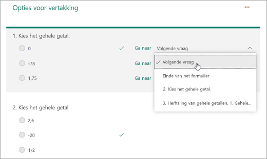 Schermopname van het selecteren van een vraag waarnaar u wilt vertakken.
