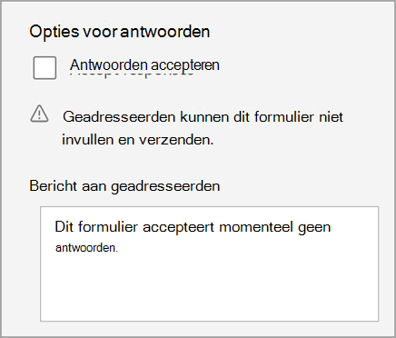 Schermafbeelding van de instelling van de toets/het formulier dat de toets geen antwoorden accepteert. Inclusief berichten voor geadresseerden.