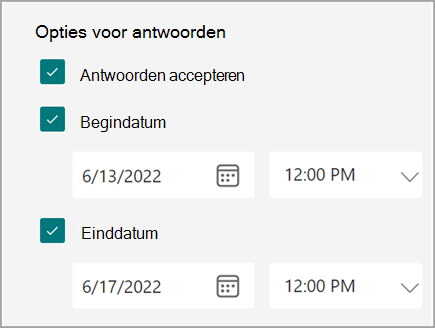 Schermafbeelding van formulier-/toetsinstellingen waar gebruikers een begin- en einddatum voor antwoorden kunnen instellen.
