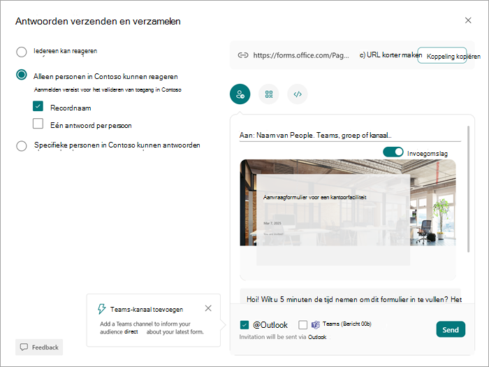 Schermafbeelding van het dialoogvenster Verzenden en verzamelen, waar u kunt kiezen wie het formulier of de toets kan bekijken en beantwoorden.