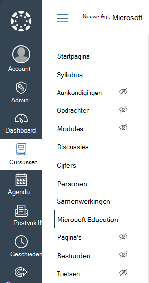 Microsoft Education selecteren in het navigatiemenu van de Canvas-cursus