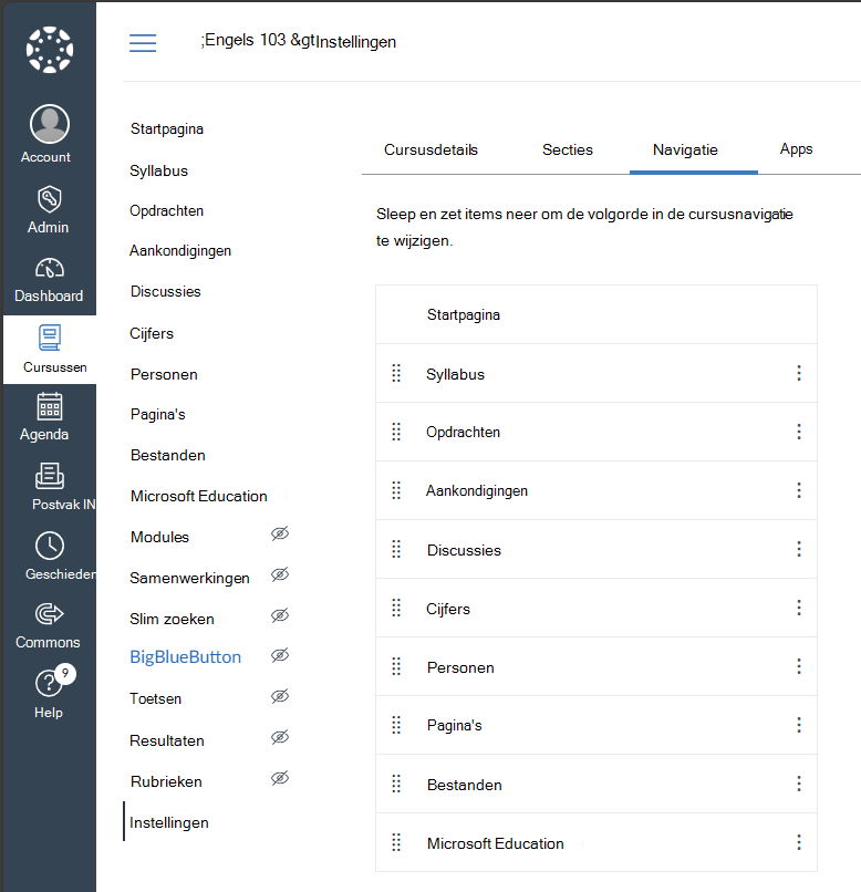 Navigatiekoppelingen voor Microsoft Education in Canvas inschakelen