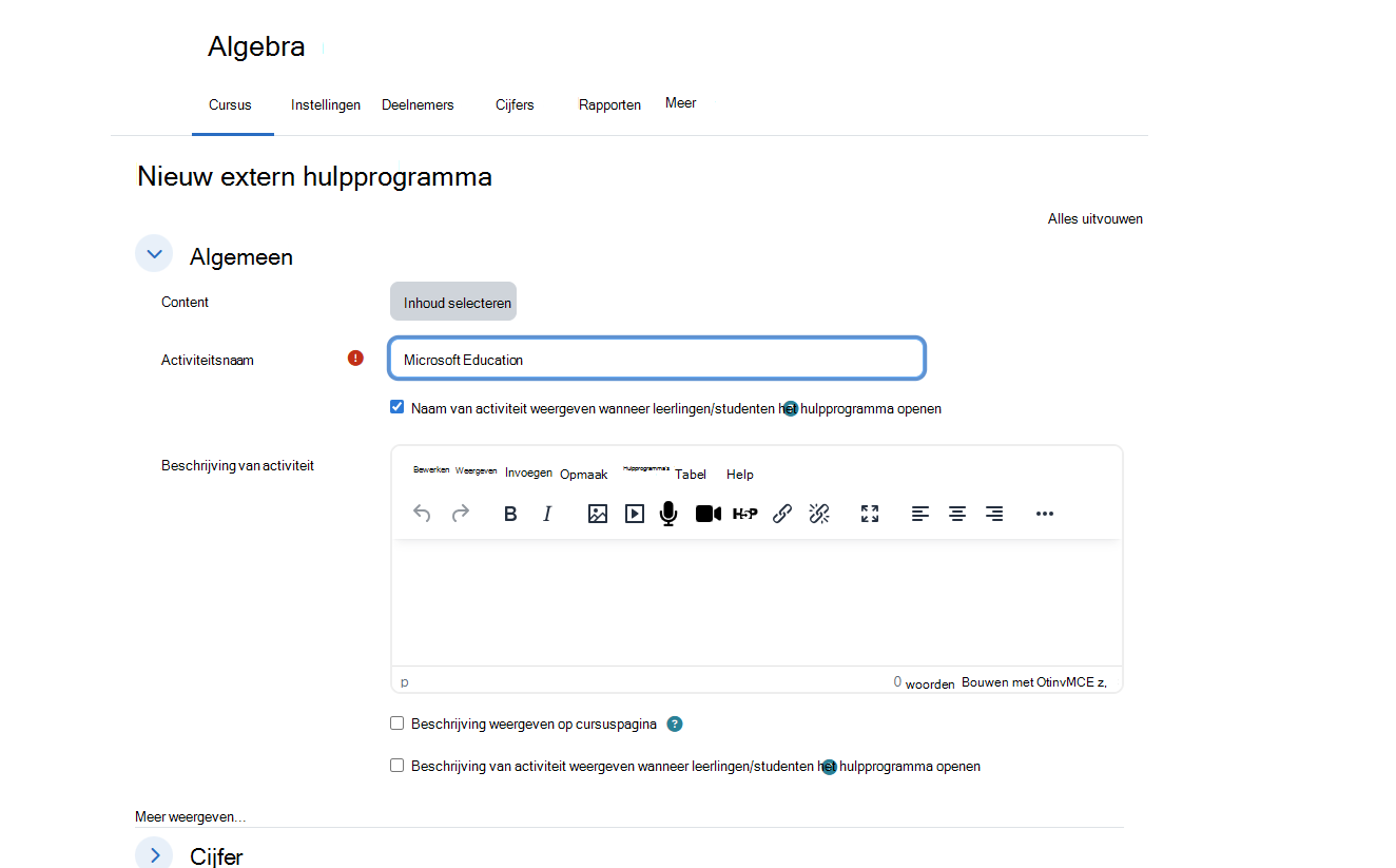 Moodle-dialoogvenster Nieuw extern hulpprogramma