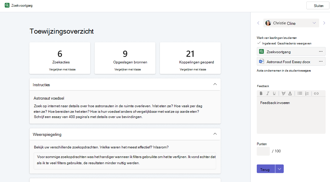 Pagina Opdrachtoverzicht, docentweergave, in Zoekvoortgang. Toont details over de zoekopdrachten en reflecties die zijn uitgevoerd door de student wiens voltooide opdracht is geopend.