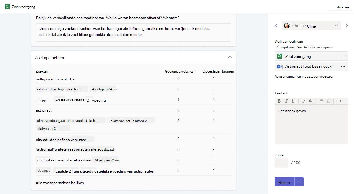 Schermafbeelding van de pagina met de opdrachtensamenvatting in Zoekvoortgang, met de zoekgeschiedenis van de student tijdens het opdrachtproces.