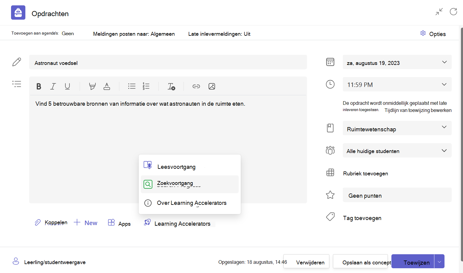 Een schermafbeelding van een concept van een opdracht in Teams Education, waarbij het menu Leeraccelerators is uitgevouwen en de Zoekvoortgang is gemarkeerd