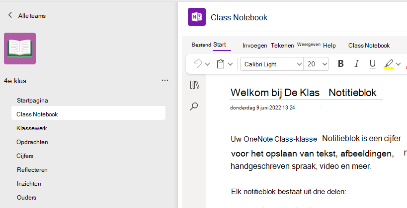 Schermafbeelding van het instellen van een klasnotitieblok.