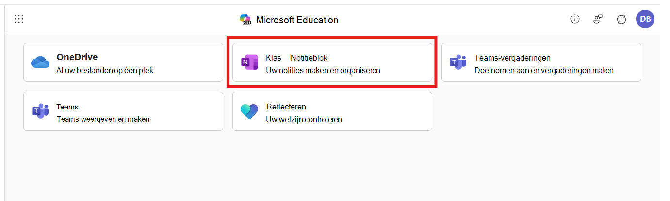 De Microsoft 365 LTI-app met Klasnotitieblok geselecteerd