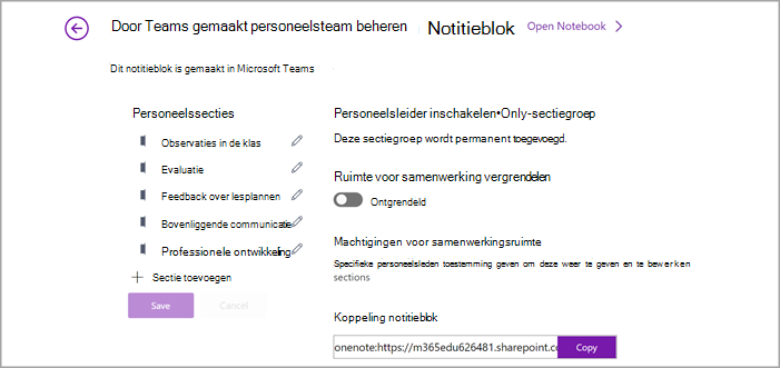Schermafbeelding van een beheerpagina voor personeelsnotitieblokken in OneNote.