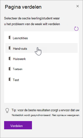 Kies een sectie leerling/student in het deelvenster Pagina distribueren.