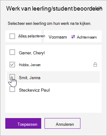 Schakel het selectievakje in om de pagina van een afzonderlijke student te vergrendelen.