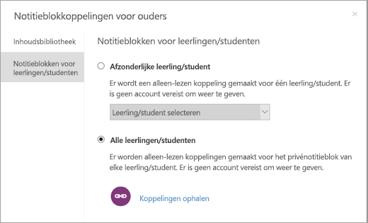 Maak alleen-lezen koppelingen voor notitieblokken van afzonderlijke leerlingen/studenten.