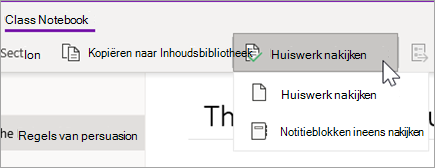 Knop Werk van leerling/student controleren. Werk van leerlingen/studenten beoordelen en Cross Notebook Review zijn opties.