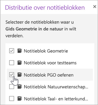 Venster voor selectie van distributie tussen notitieblokken