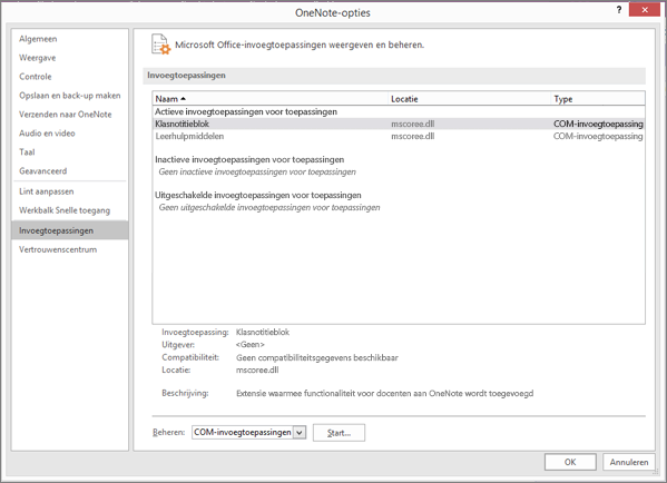 Deelvenster Office-invoegtoepassingen beheren met Class Notebook geselecteerd. Sectie voor het beheren van COM-invoegtoepassingen met de knop Ga.
