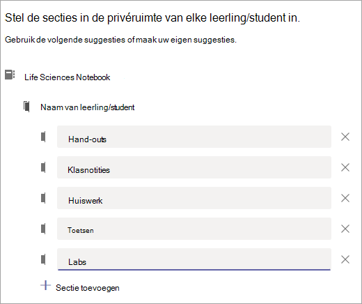Stel de secties in de privéruimte van elke student in.
