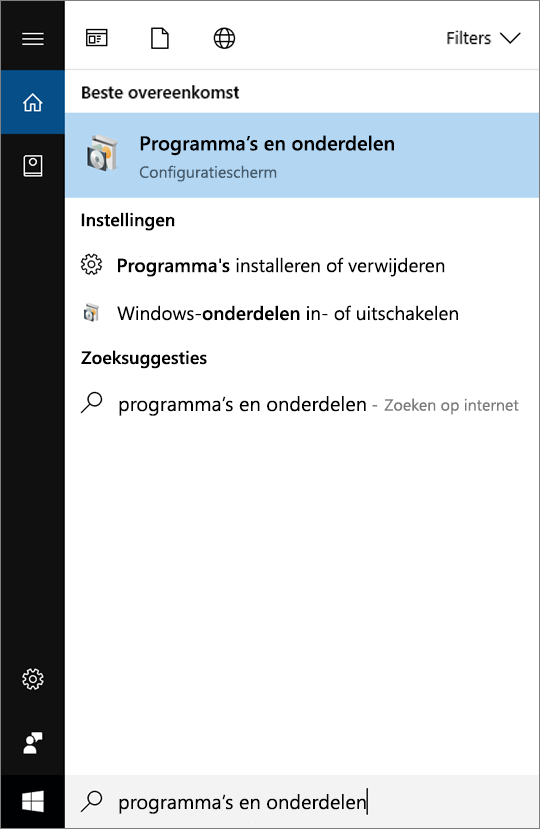 Open het menu Start en typ Programma's en onderdelen