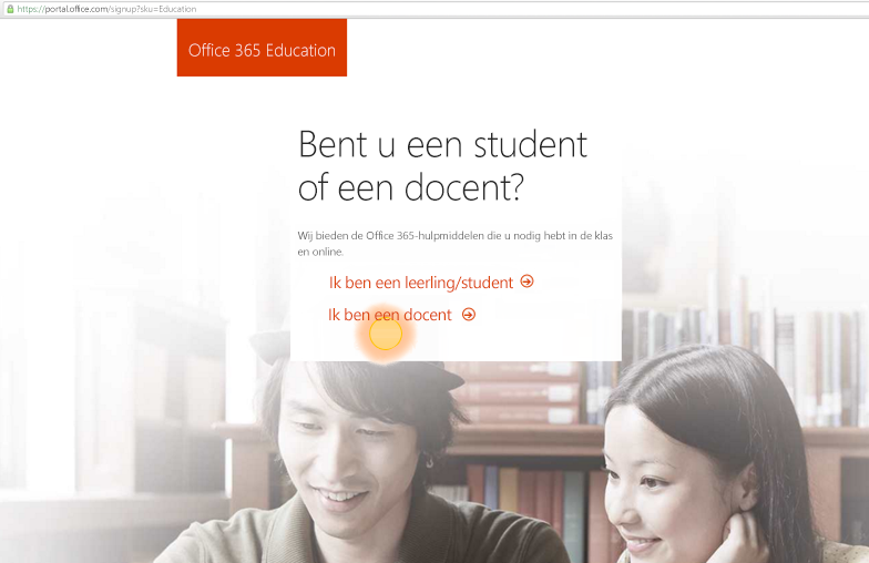 Schermafbeelding van de aanmeldingsopties voor docenten of studenten