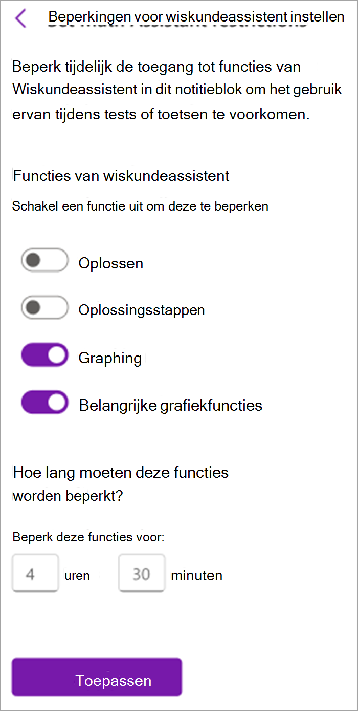 Schermafbeelding van het deelvenster Wiskunde-assistent voor docenten in Class Notebook. Van hieruit kunt u hulpprogramma's in de Wiskunde-assistent in- of uitschakelen, waaronder oplossen, oplossingsstappen, grafieken maken en belangrijke grafiekfuncties.