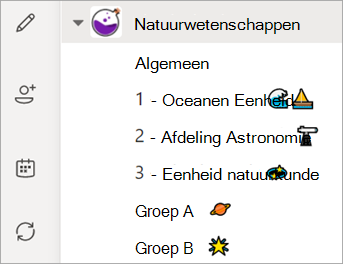Schermafbeelding van een kanaallijst van het klasteam.