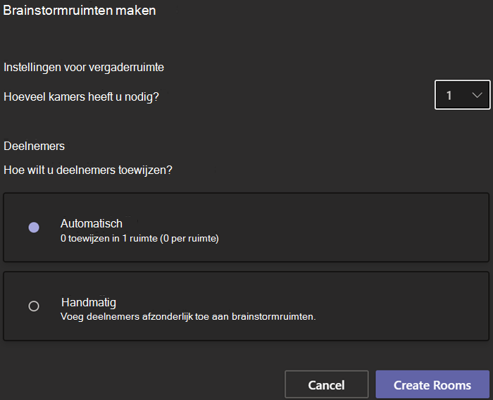 Schermopname van het dialoogvenster Brainstormruimten maken met opties voor het aantal ruimten en de toewijzing van deelnemers.